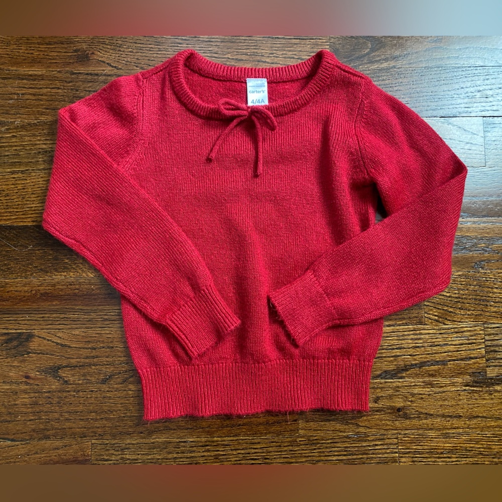 Carters 4T toddler girl sweater crew neck classic red long sleeve bow accent
